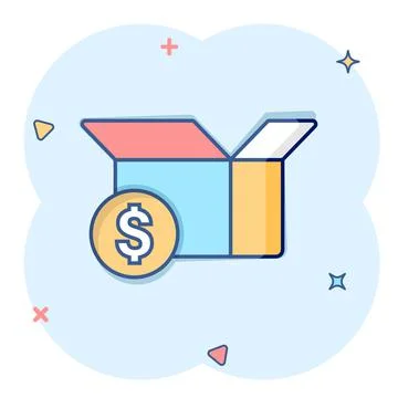 Shipping box with dollar icon in comic style. Container cartoon vector illust 库存插图