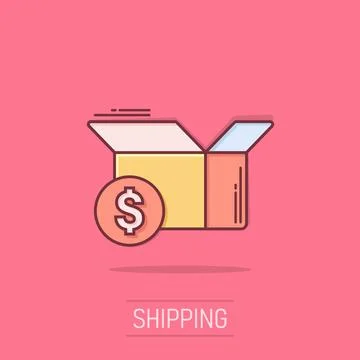 Shipping box with dollar icon in comic style. Container cartoon vector illu.. Stock-Illustration