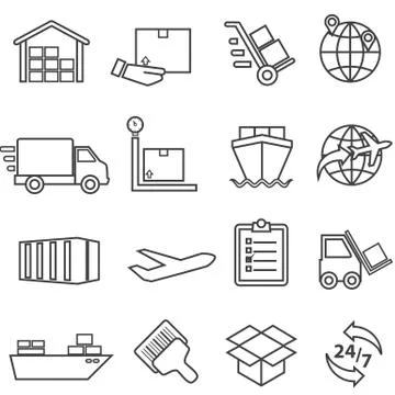 Shipping, cargo, delivery, distribution, freight and warehouse line icons Stock Illustration