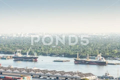 Shipping on Chao Phraya River. Bangkok Port. Stock Photos