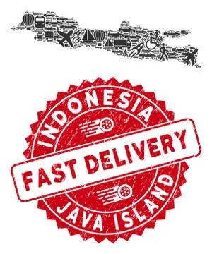 Shipping Collage Java Island Map with Scratched Fast Delivery Stamp Ilustración de archivo