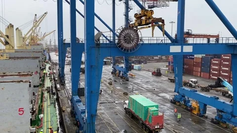 Shipping container being loaded from a cargo ship onto a flatbed truck at a Video stock 345219469