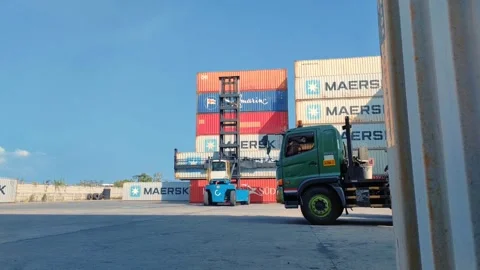 Shipping Container Blue side loader stacking Stock Footage 312021716