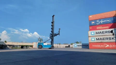 Shipping Container Blue side loader stacking Stock Footage 312021759