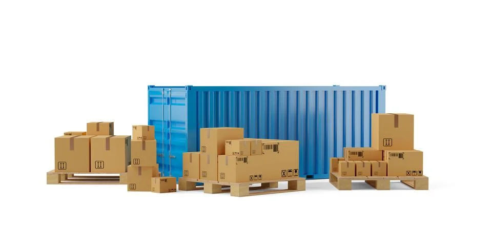 Shipping container with boxes or parcels on pallets over white background, fr Illustrazione stock