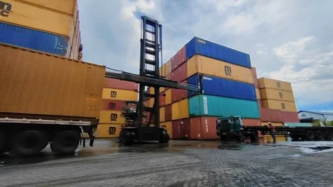 Shipping Container lifting of  side loader Stock Footage 312021519