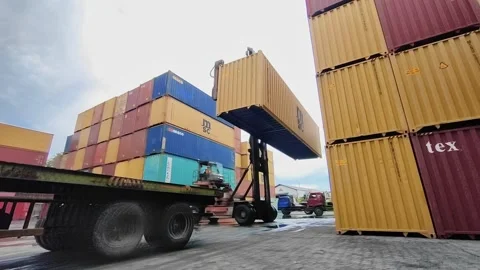 Shipping Container lifting view of  side loader a large Stock Footage 312021385