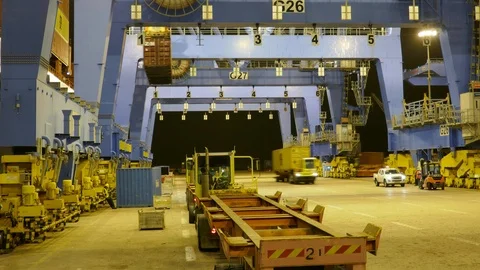 Shipping container ship loading at port video for business  4k night time lapse Stock-Footage 106126048