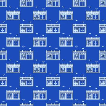 Shipping Container Small House vector blue linear seamless pattern Ilustración de archivo