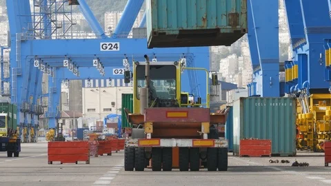 Shipping container unloading from ship 4k intro outro for business  Stock Footage 89620689
