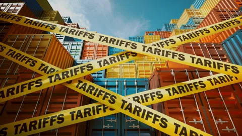 Shipping Containers Blocked by Tariffs Symbolized with Warning Tape Stock Footage 306332632