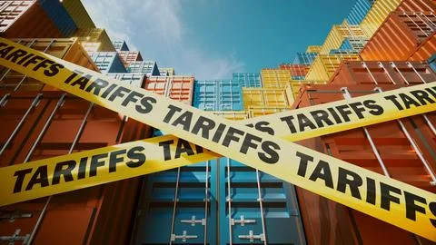 Shipping Containers Blocked by Tariffs Symbolized with Warning Tape Stock Illustration