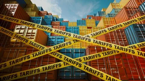 Shipping Containers Blocked by Tariffs Symbolized with Warning Tape Ilustração Stock