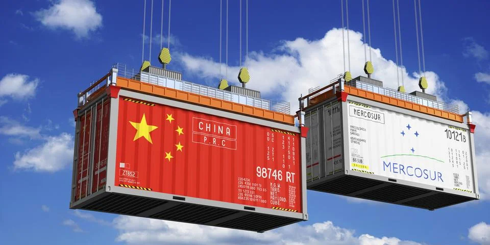 Shipping containers with flags of China and Mercosur Stock Illustration