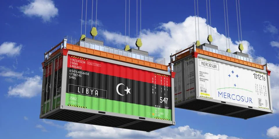 Shipping containers with flags of Libya and Mercosur Stock Illustration
