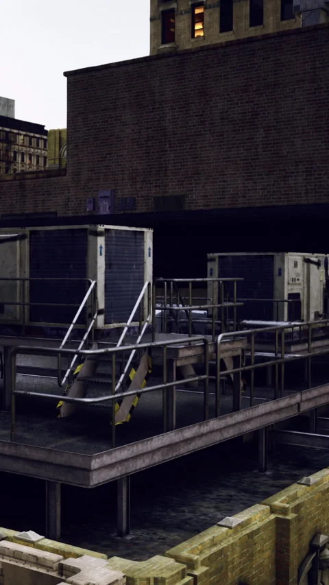 Shipping containers on a loading dock in an urban environment at dusk Video stock 331686055