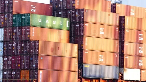 Shipping containers stack on ship 4k intro video for business Stock Footage 95009241