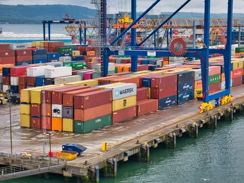 Shipping containers stacked at the Belfast Harbour container terminal Foto stock