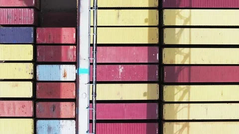 Shipping containers stacked in a holding yard, Top down view Stock Footage 254335659