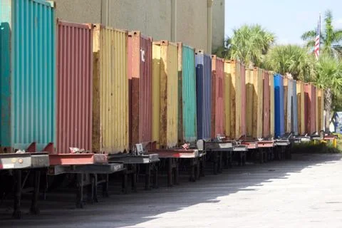 Shipping containers on trailers Stock Photos
