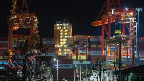 Shipping cranes unloading containers in timelapse Stock Footage 149380212