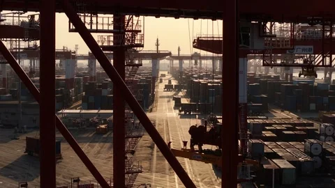 Shipping evening. Goods export import. Marine dock. Cargo containers seaport. 스톡 동영상 321944367