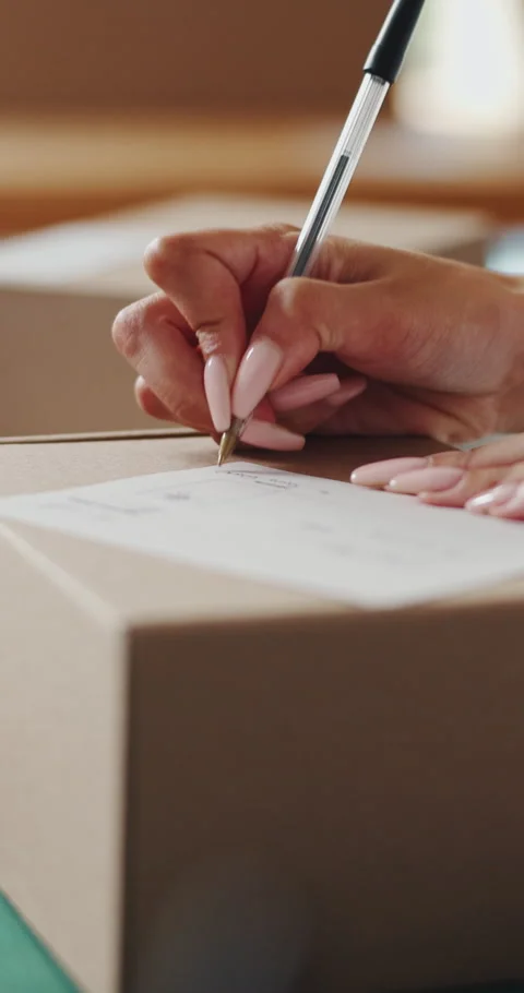 Shipping, hands and writing delivery note on box for quantity info, logistics Stock Footage 336669979