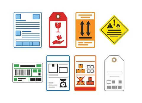 Shipping label icon set with parcel tags and handling symbols Stock Illustration
