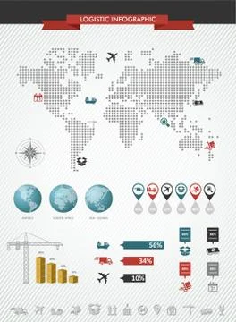 Shipping logistic infographic world map icons set illustration. Stock Illustration
