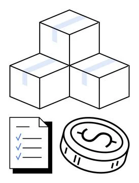 Shipping logistics concept with stacked boxes, checklist and dollar coin イラスト素材
