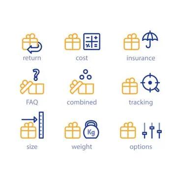 Shipping options, shipment services, parcel parameters, box size and weight Stock Illustration