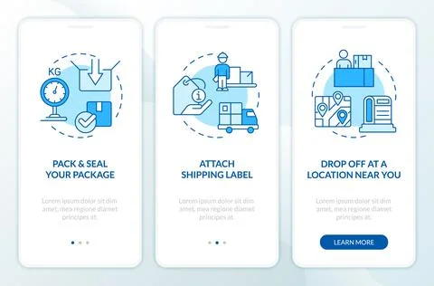 Shipping package tips blue onboarding mobile app screen 스톡 일러스트