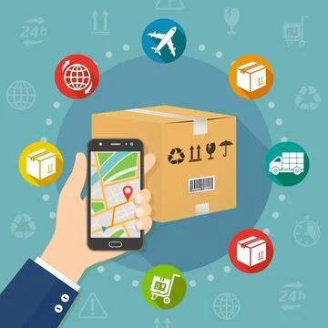Shipping parcel gps tracking order flat design concept vector illustration 스톡 일러스트