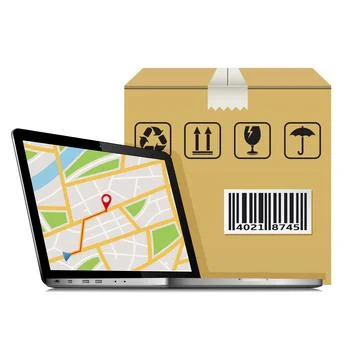 Shipping parcel GPS tracking order design. Laptop with GPS map on screen and  Stock Illustration