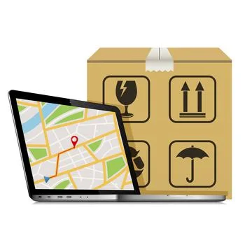 Shipping parcel GPS tracking order design. Laptop with GPS map on screen and  Illustrazione stock