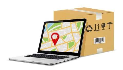 Shipping parcel GPS tracking order design. Laptop with GPS map on screen and  Illustrazione stock