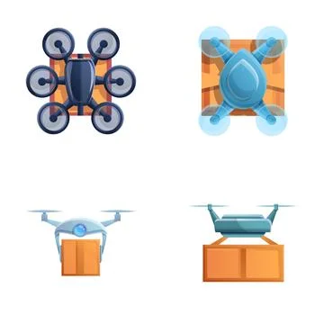 Shipping parcel icons set cartoon vector. Delivery parcel box with drone Stock Illustration