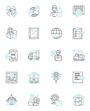 Shipping solutions linear icons set. Logistics, Freight, Delivery Illustrazione stock