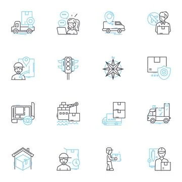 Shipping solutions linear icons set. Logistics, Freight, Delivery Illustrazione stock