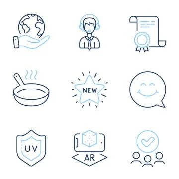 Shipping support, New star and Uv protection icons set. Frying pan, Augmented Stock Illustration