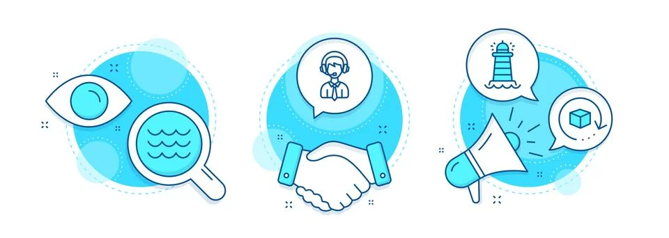 Shipping support, Return package and Lighthouse icons set. Waves sign. Vector Stock Illustration