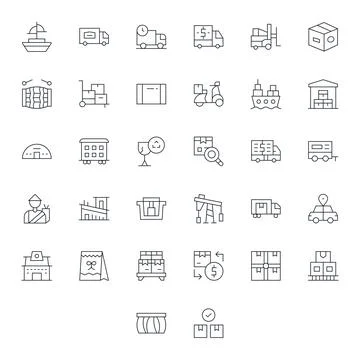 Shipping Vector Icon Set with 32 Thin Line 128x128 Grid Fitted Graphics Stock Illustration
