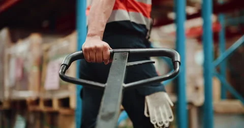 Shipping, warehouse and hands with pallet truck, loader and restock for goods Video stock 326093728