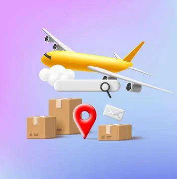 Shippment online tracking 3d render composition with carton boxes and yellow Stock Illustration