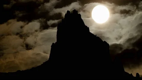 Shiprock by Night, Time Lapse with Dark Atmosphere, Fog, Smoke, and Full Moon Stock Footage 170127629