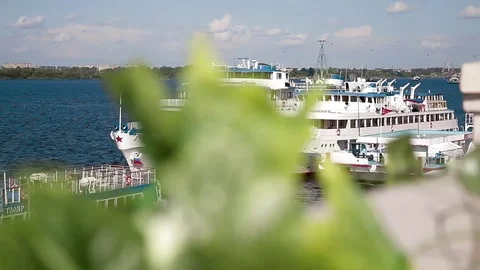 The ships are in port, moored on the river Stock Footage