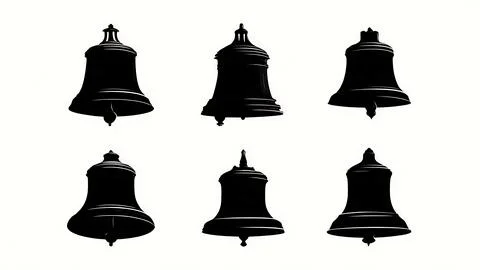 Ship's Bell Ringing Black Solid Silhouette Icons Set Illustration