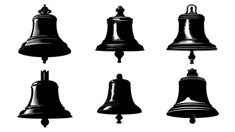Ship's Bell Ringing Black Solid Silhouette Icons Set Stock Illustration