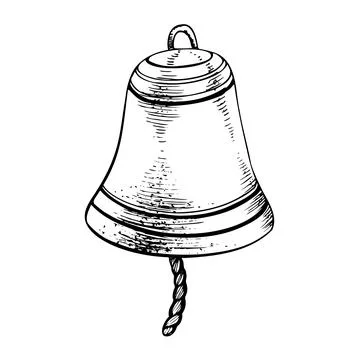 Ship's bell with a rope. Isolated object drawn by hand in graphic technique Stock Illustration