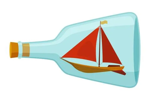Ships in bottle. Glass with object inside. Miniature model of marine vessel Illustrazione stock